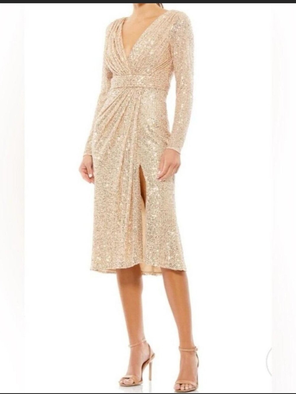 This Mac Duggal sequined midi dress features a rose gold color and a v-neckline